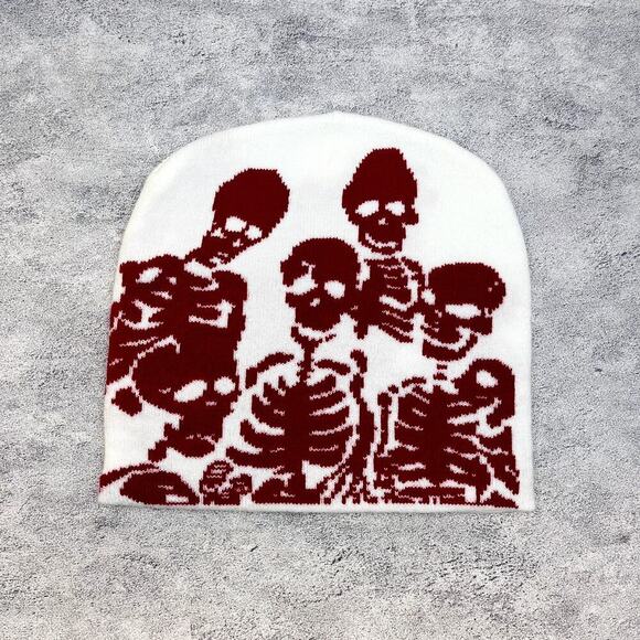 grunge punk red and white skeleton beanie - Picture 1 of 6